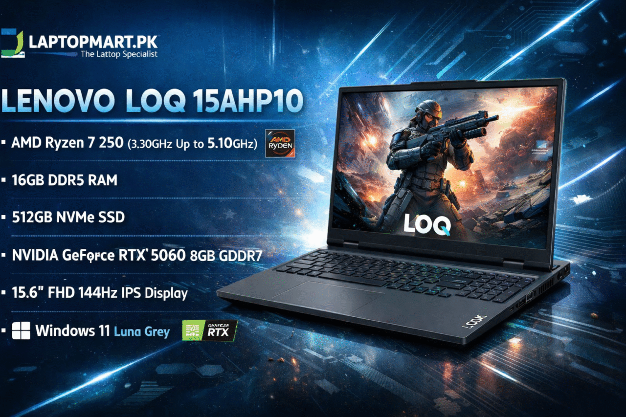 LENOVO LOQ 15AHP10 AMD Ryzen 7 250 Processor (3.30 GHz up to 5.10 GHz) 16GB Ram DDR5 512GB SSD NVMe NVIDIA GeForce RTX 5060 8GB GDDR7 15.6” FHD (1920×1080) 144Hz IPS 300nits Display Backlight KB Windows 11 Luna Grey.